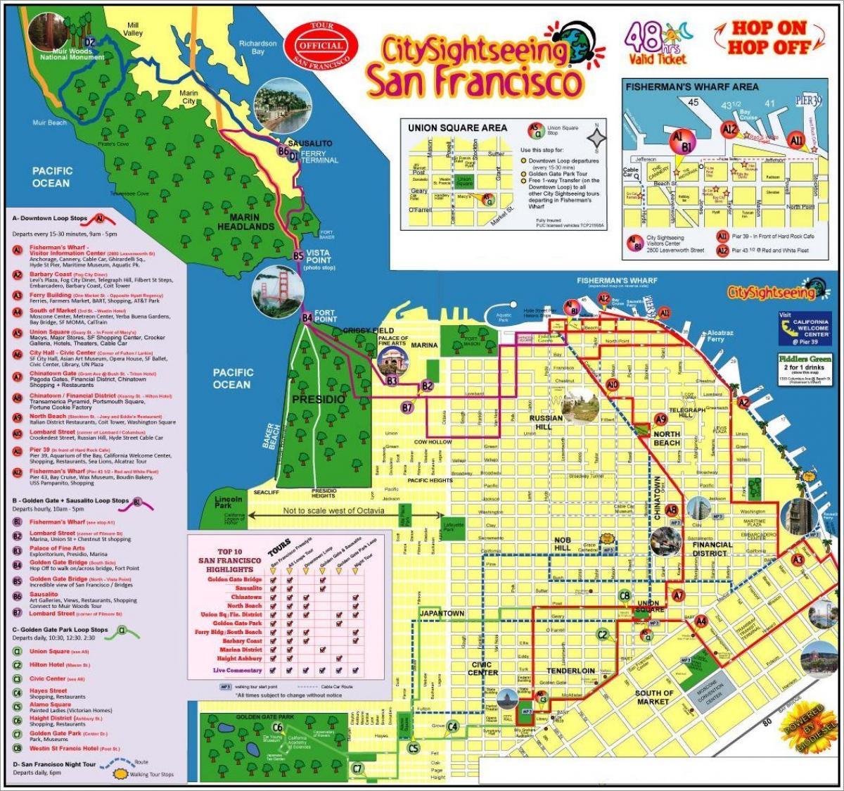 San Francisco hop-on-hop-off autobus tour mapa