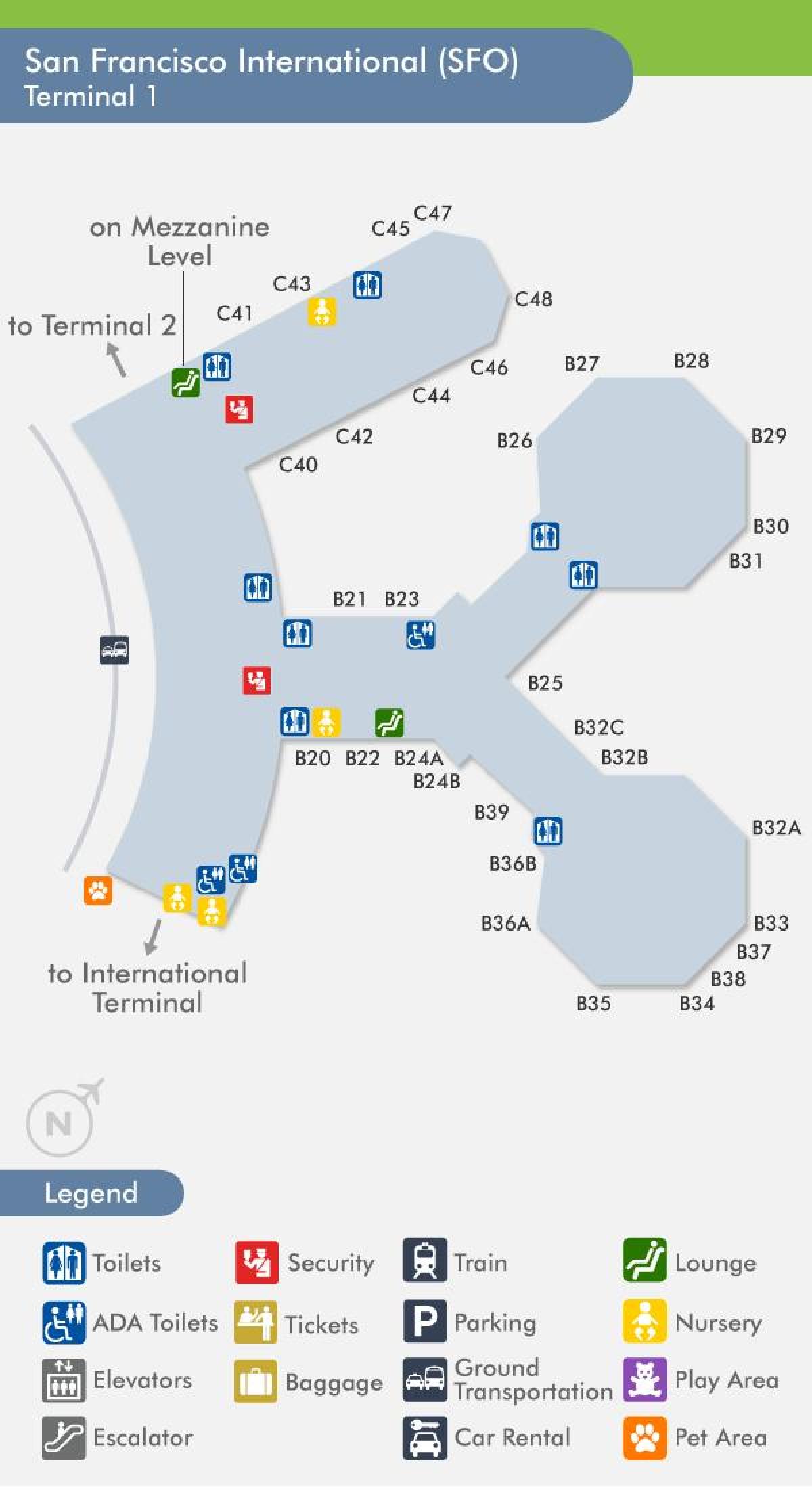 San Francisco aireportuko terminal 1 mapa